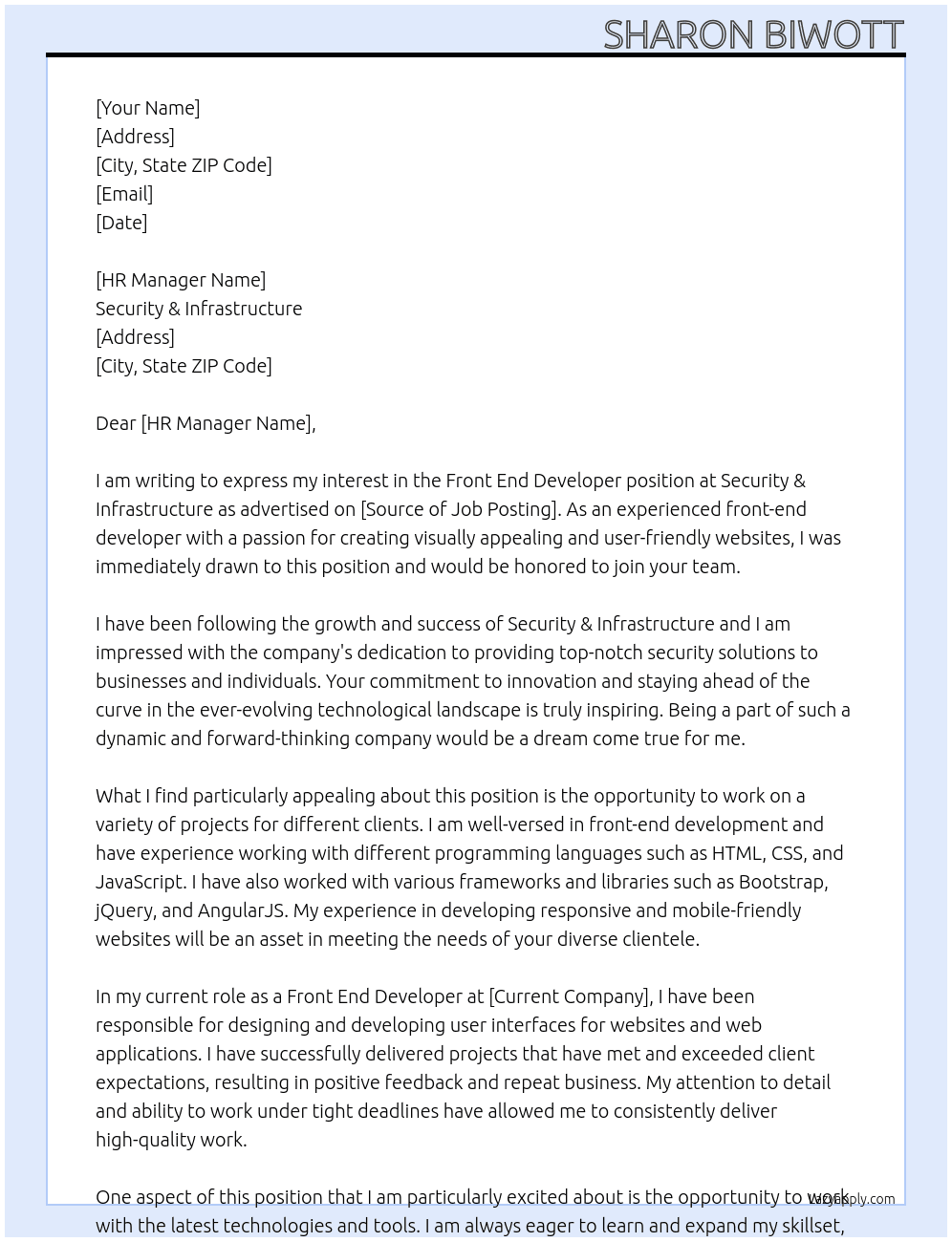 Front End Developer At Security& Infrastructure Cover Letter