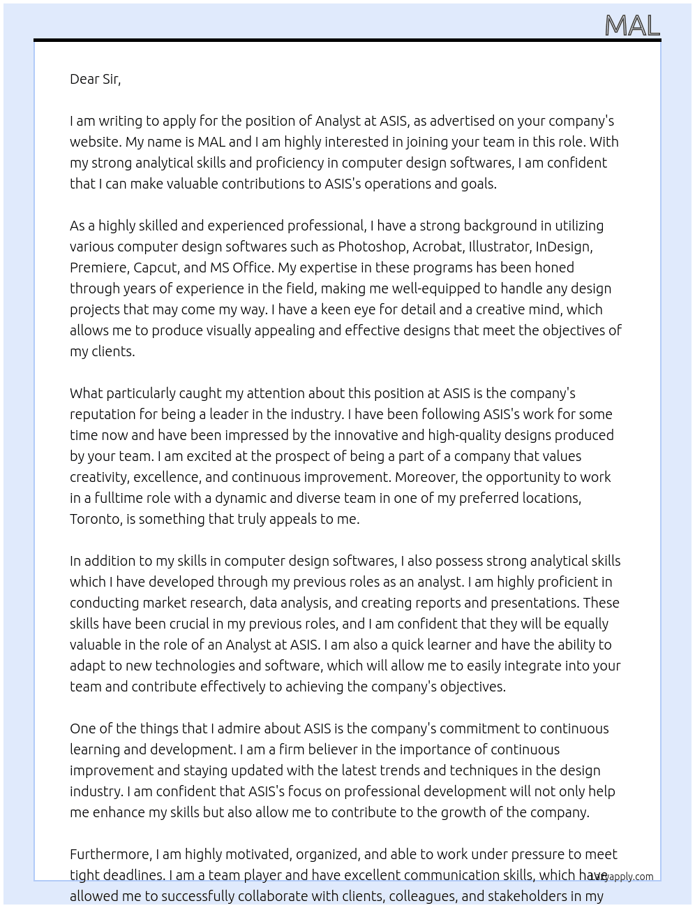 Analyst At ASIS Cover Letter