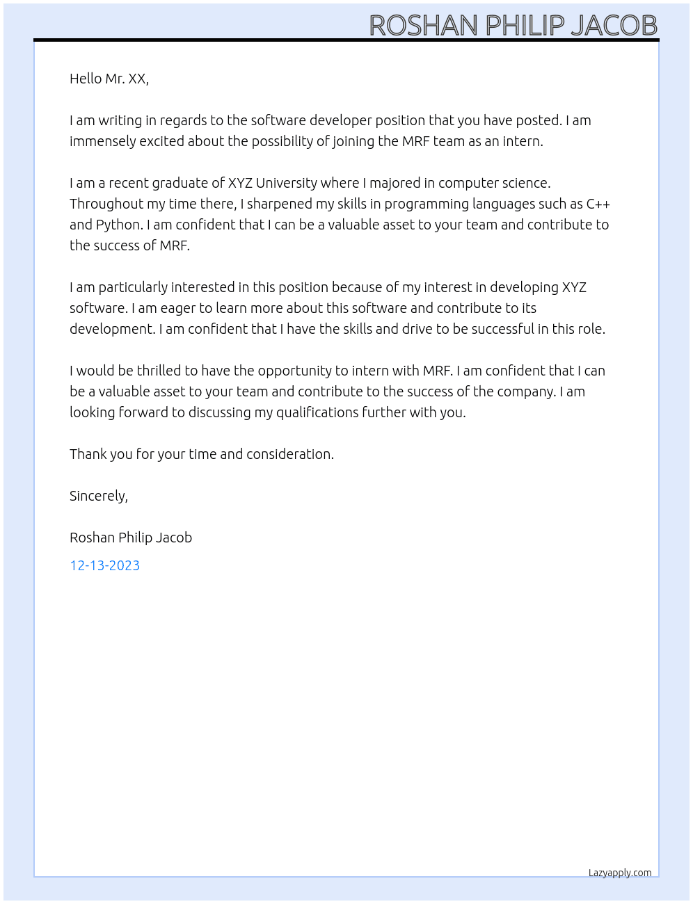 Software developer At MRF Cover Letter