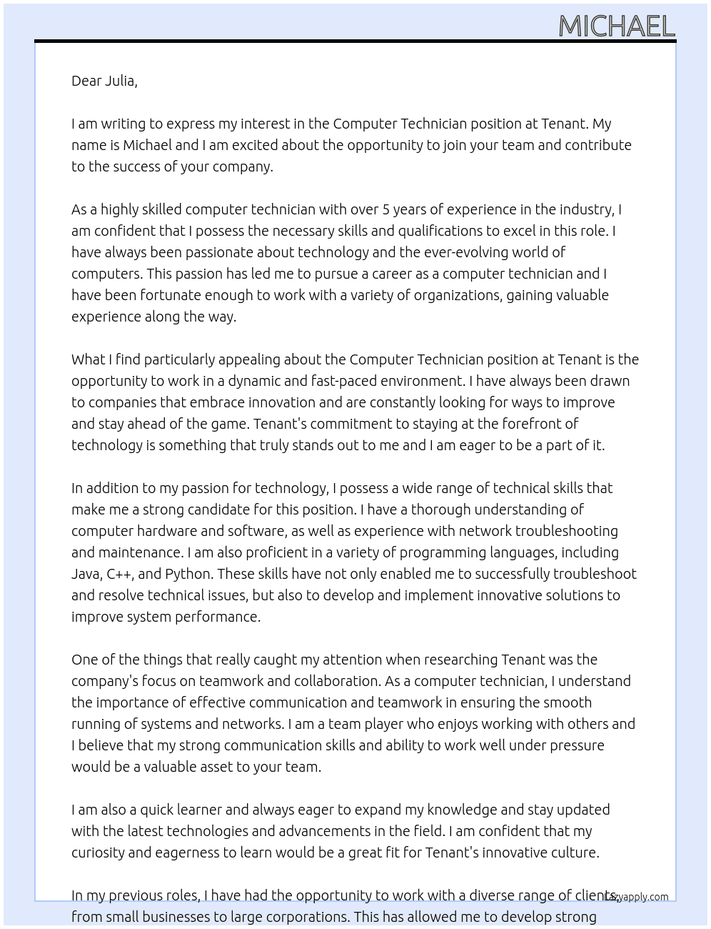 Computer Technician  At Tenant Cover Letter