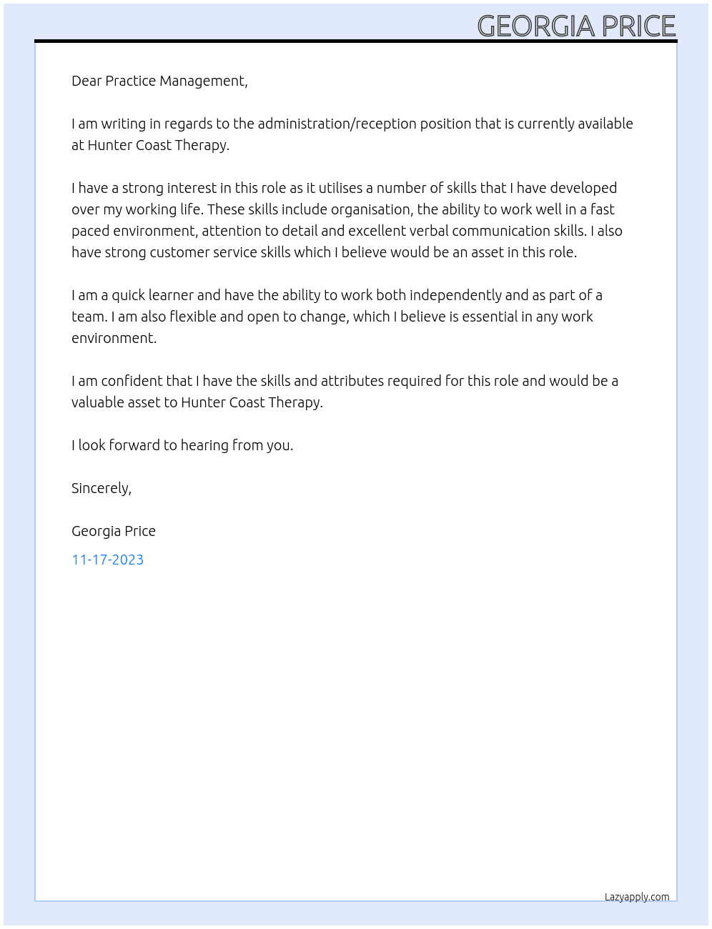 Administration/ Reception  At Hunter Coast Therapy Cover Letter