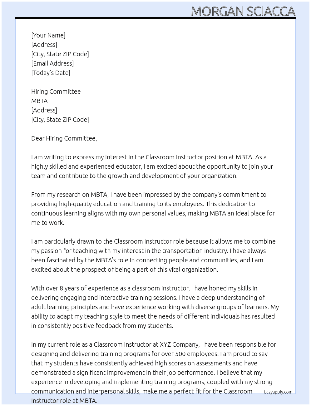 Classroom Instructor At MBTA Cover Letter