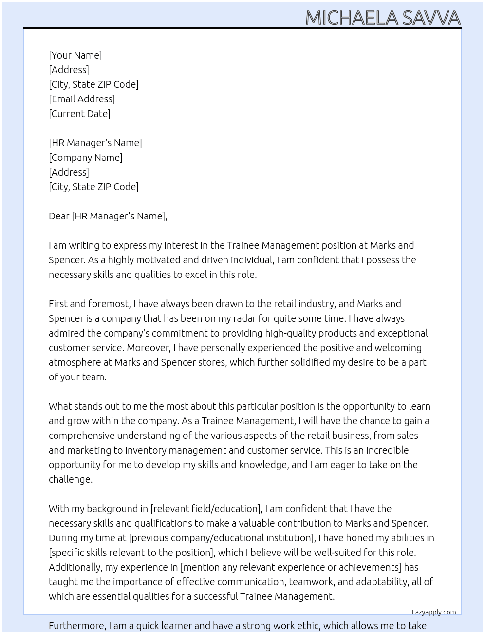 Trainee management  At Marks and Spen er Cover Letter