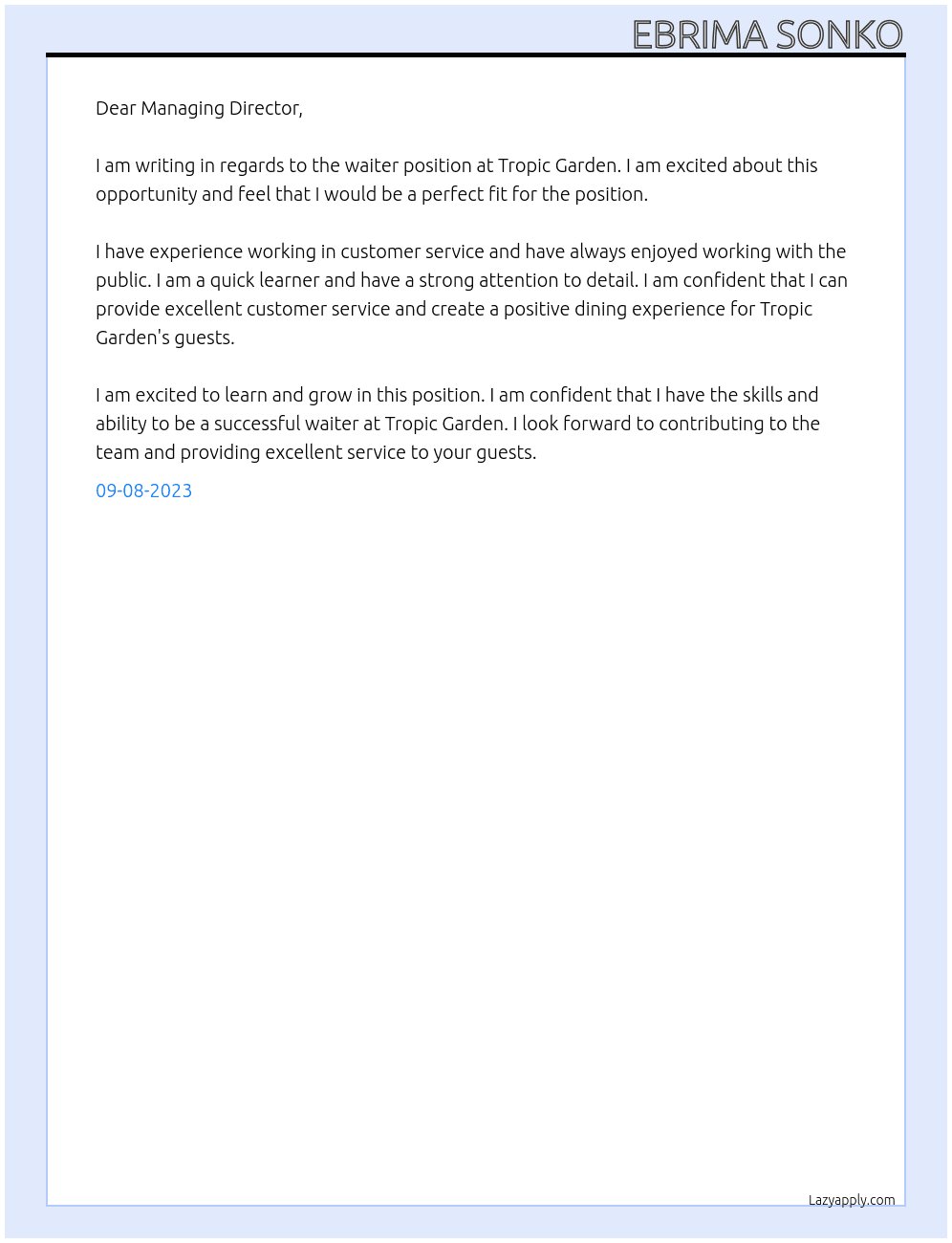 waiter At tropic garden  Cover Letter