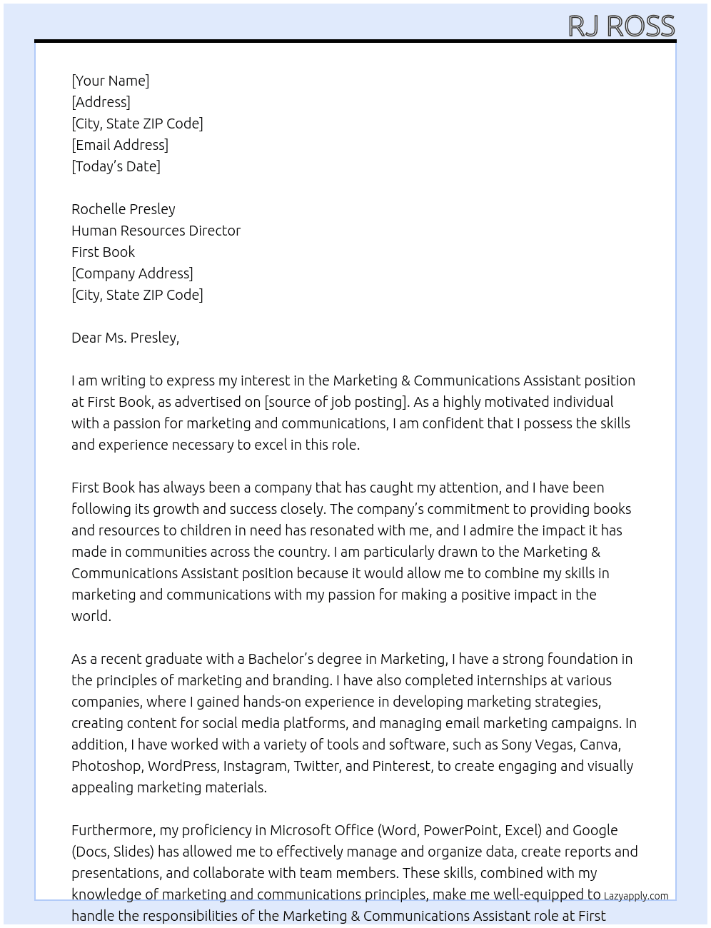 Marketing & Communications Assistant At First Book Cover Letter