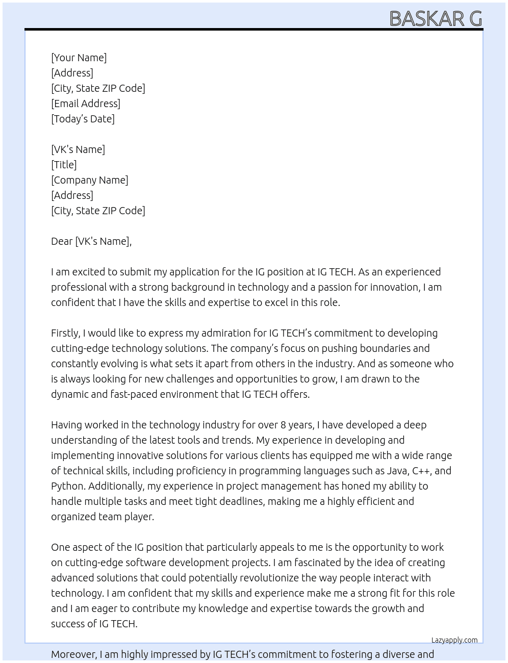 IG At IG TECH Cover Letter