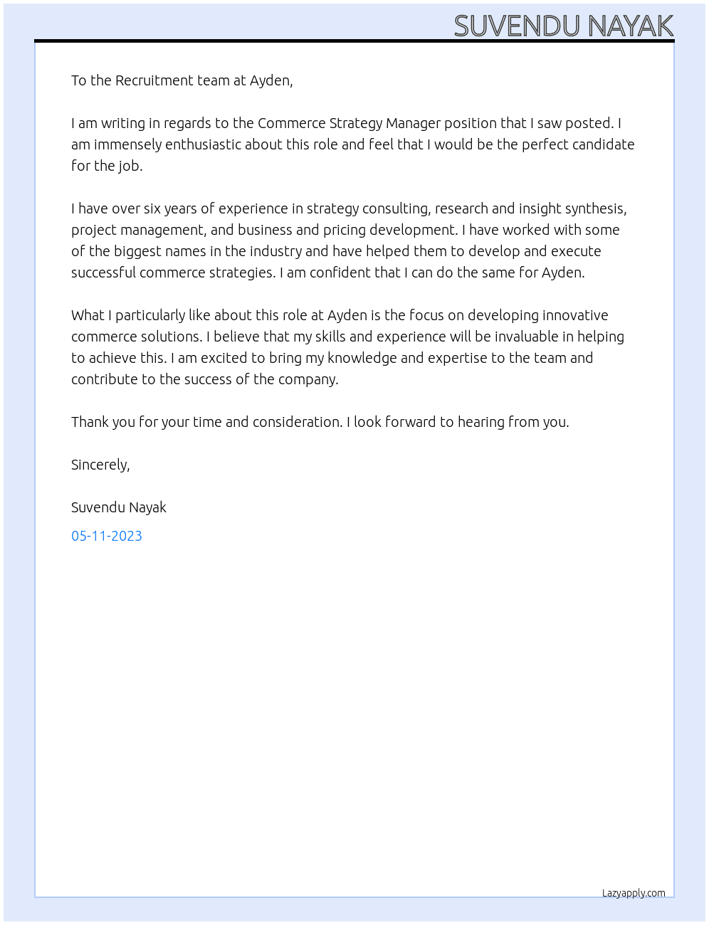 Commerce Strategy Manager At Ayden Cover Letter