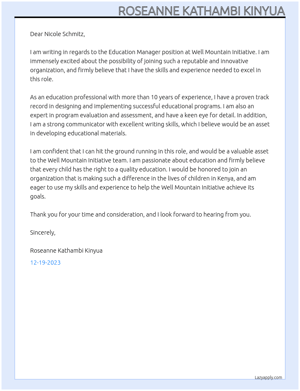 Education Manager At Well Mountain Initiative Cover Letter