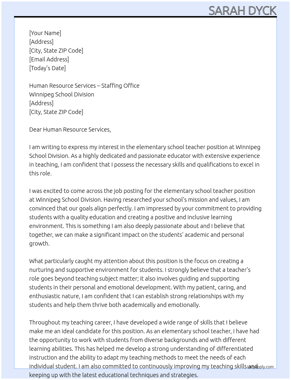teacher At Winnipeg School Division Cover Letter