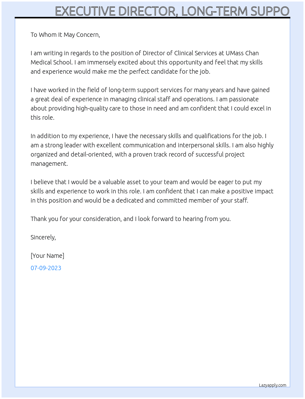 Director Clinical Services At UMass Chan Medical School Cover Letter