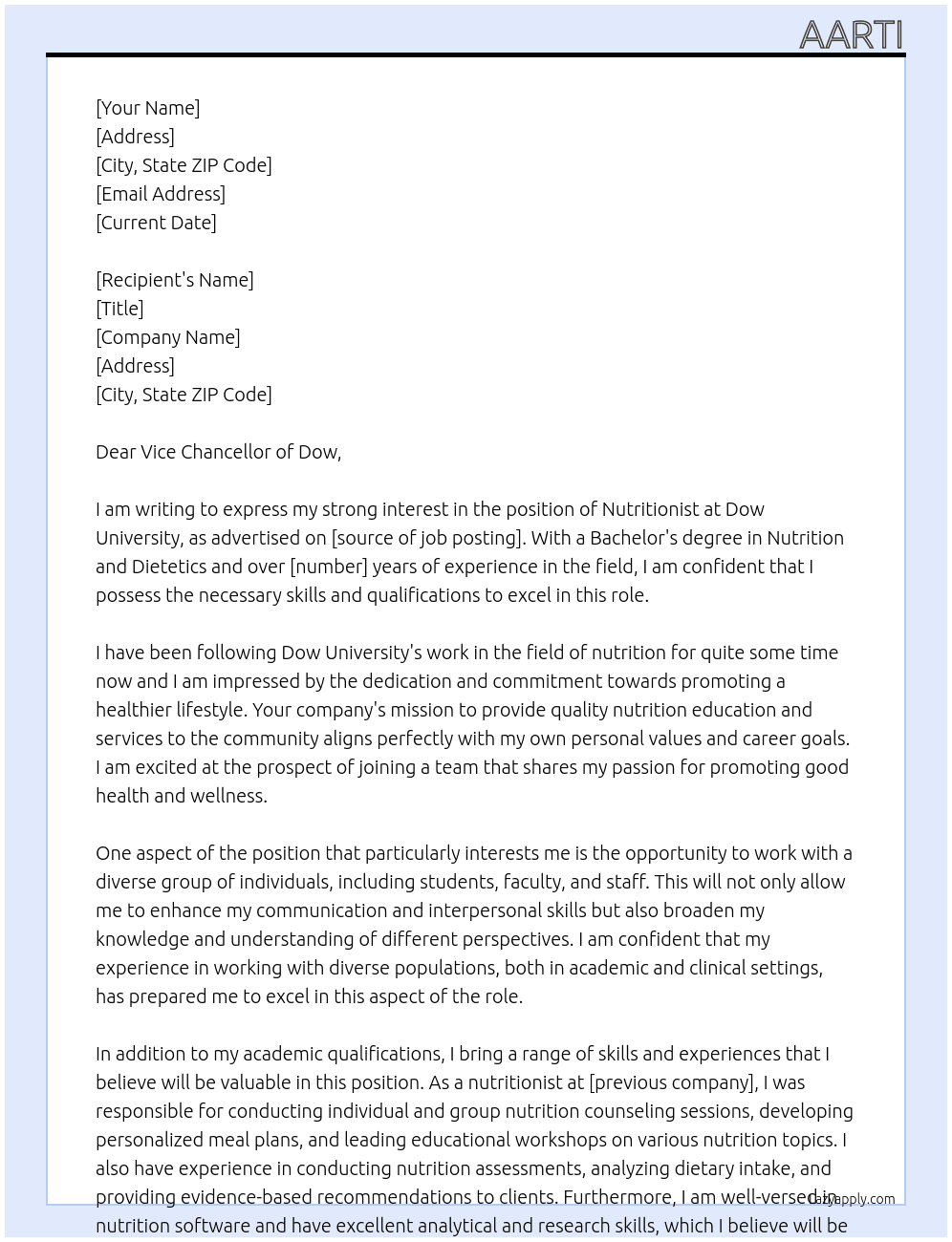 nutritionist At dow university Cover Letter