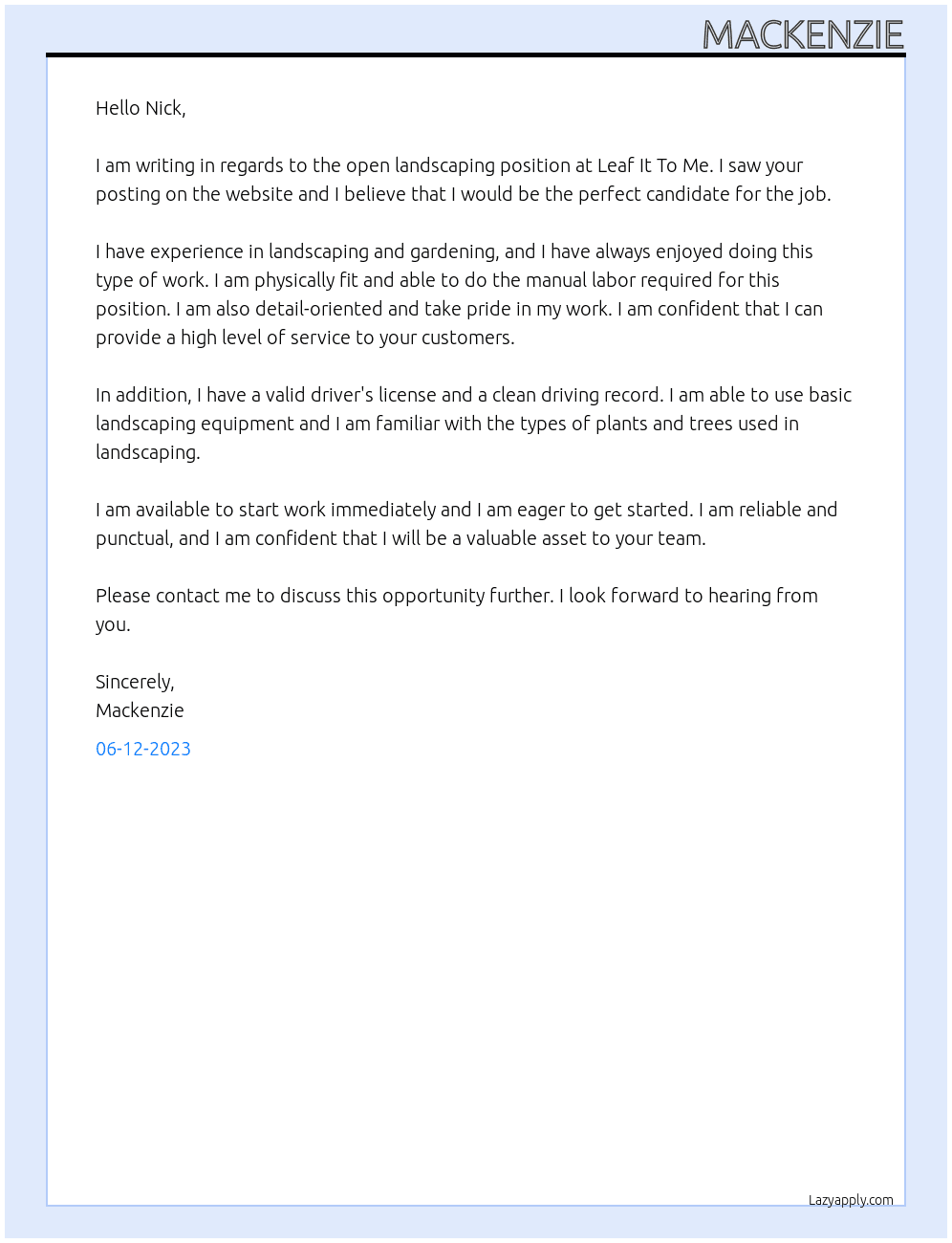landscaping At leaf it to me Cover Letter