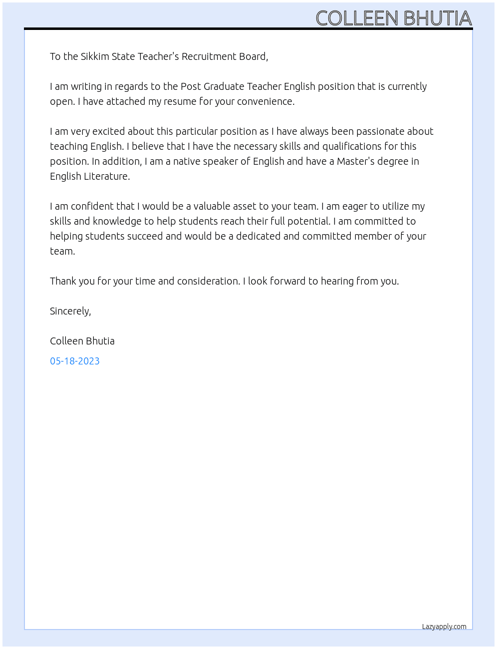 Post Graduate Teacher English At Government of Sikkim Cover Letter
