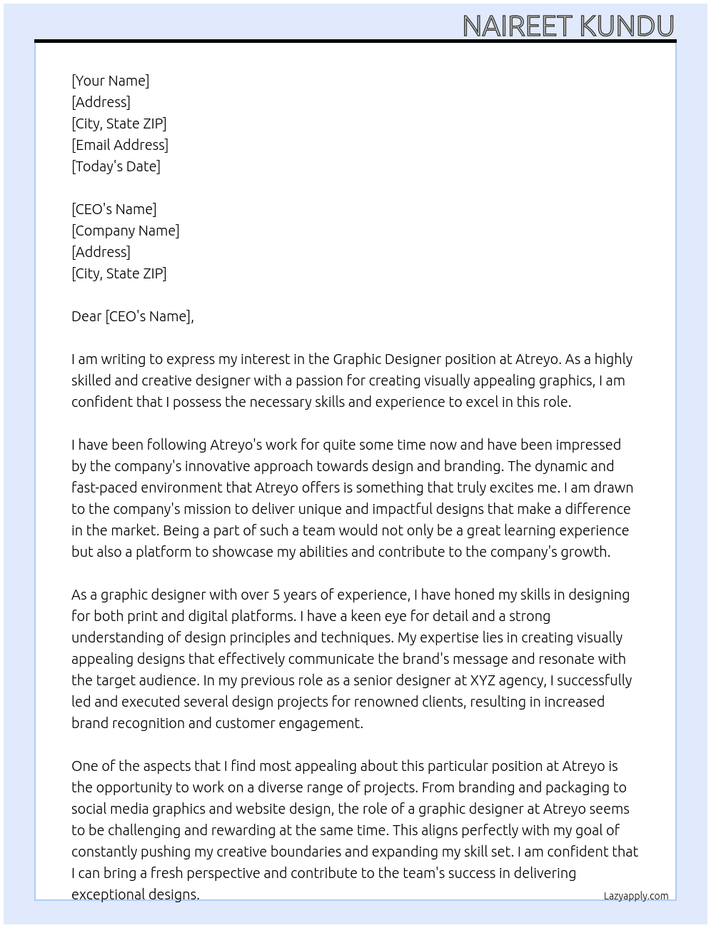 Graphic Designer At Atreyo Cover Letter