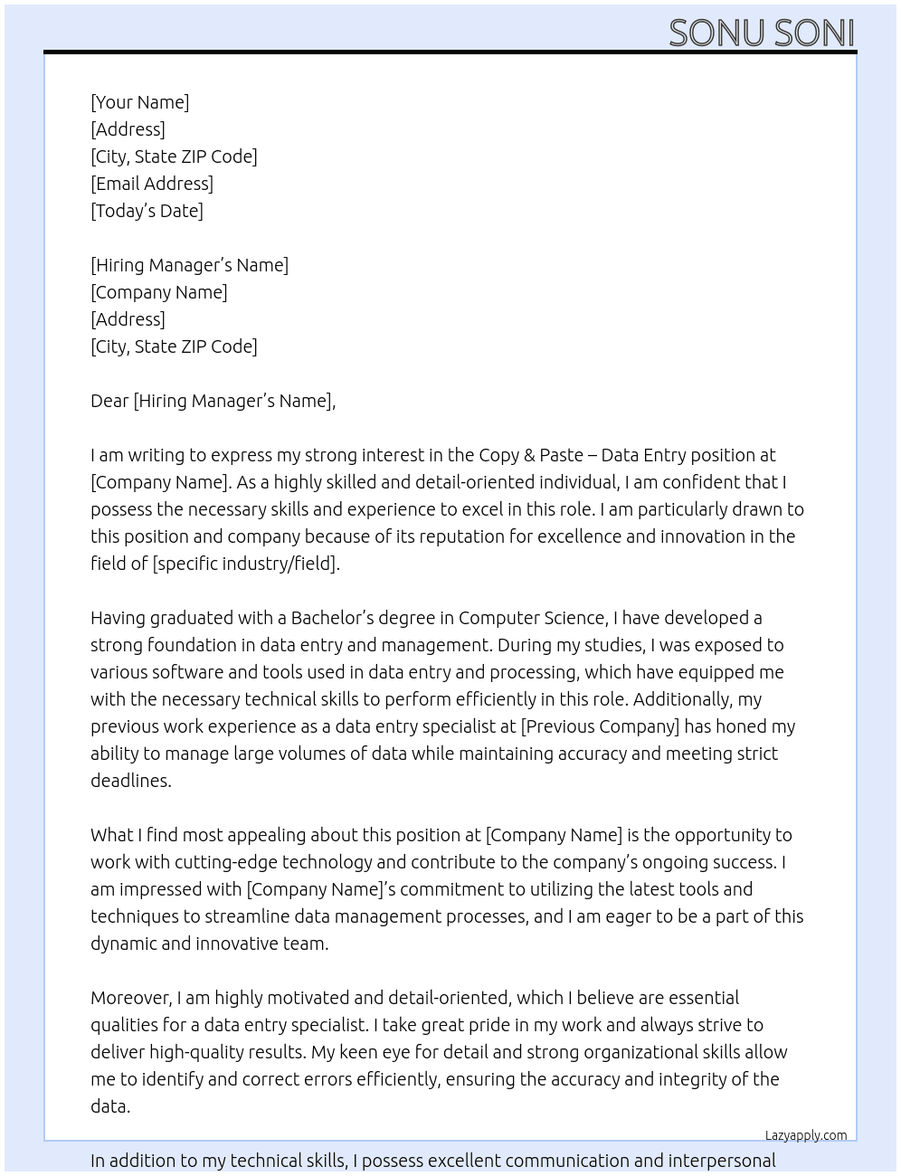 Copy & Paste - Data Entry At not mention Cover Letter