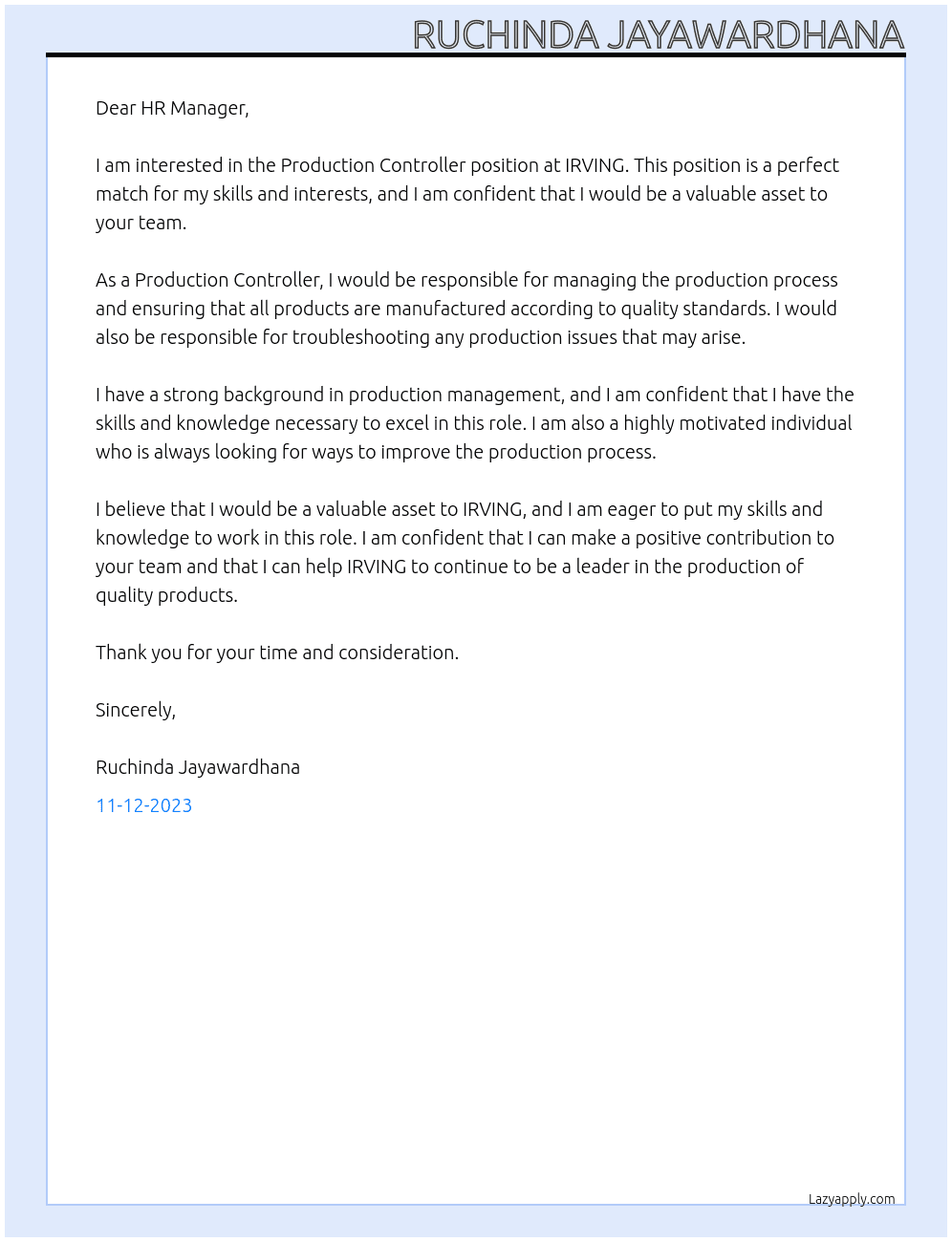 Production Controller At IRVING Cover Letter