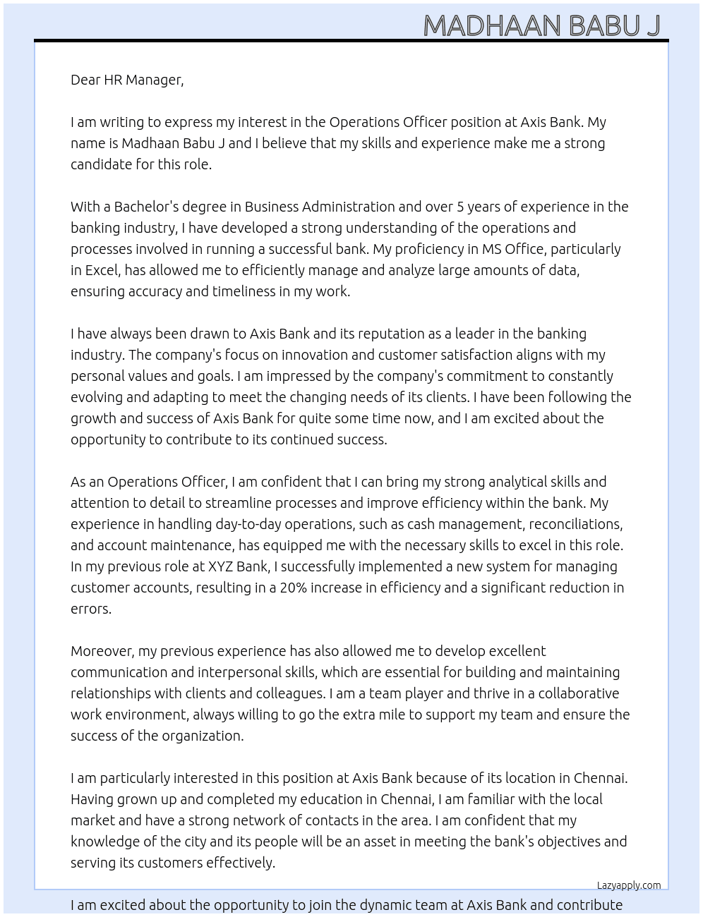 Operations officer  At Axis bank Cover Letter