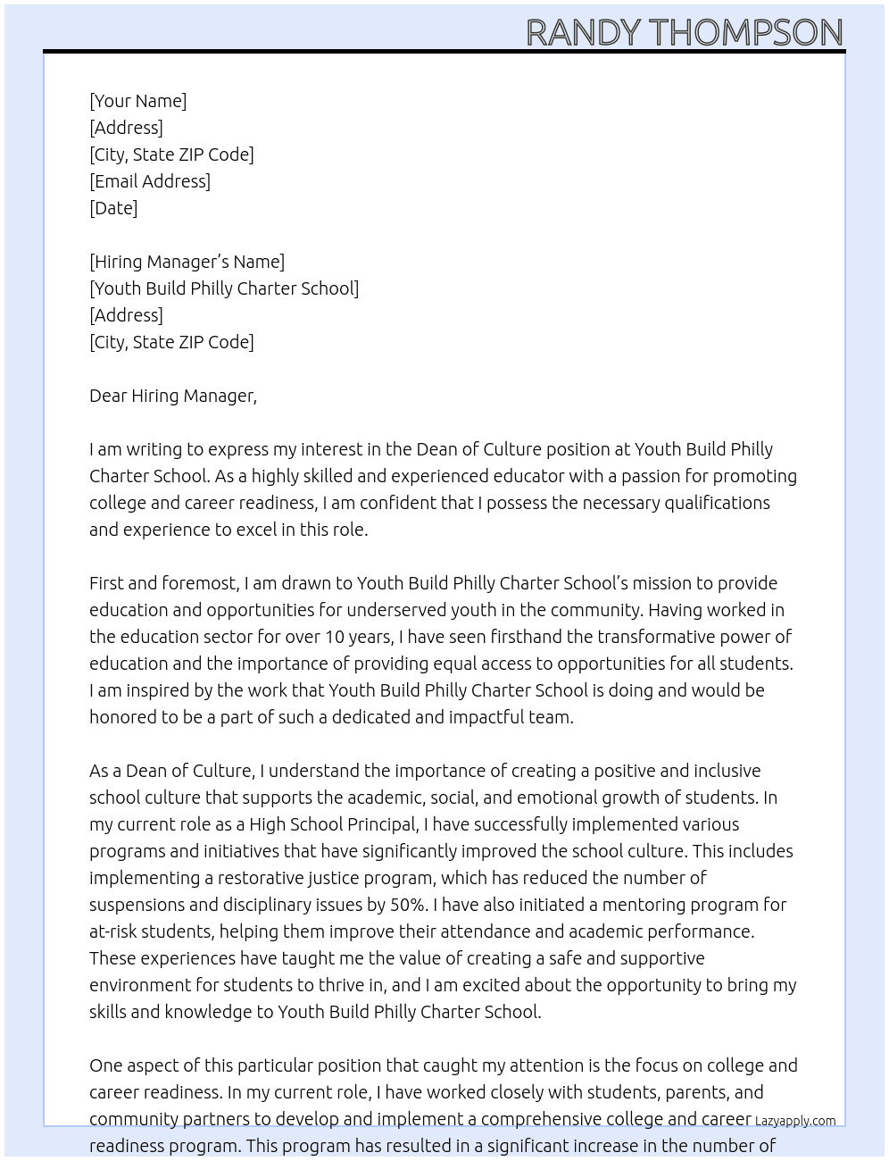 Dean of Culture At youth build philly charter school Cover Letter