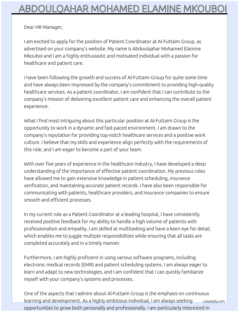 Patient Coordinator  At Al-Futtaim Group  Cover Letter
