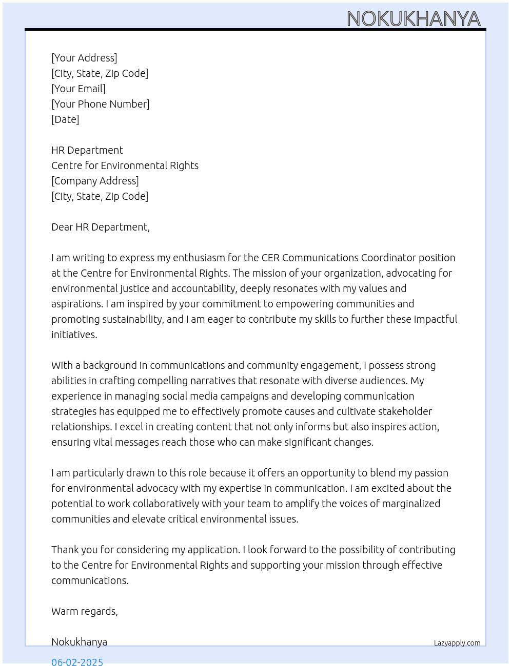 CER Communications Coordinator  At Centre for Environmental Rights  Cover Letter