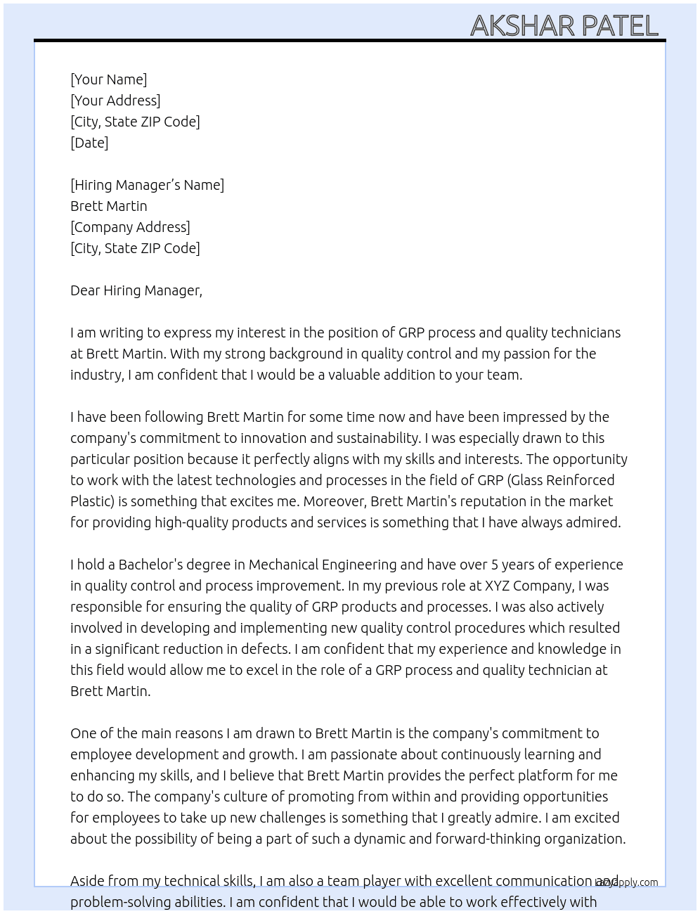 GRP process and quality technicians  At Brett Martin  Cover Letter