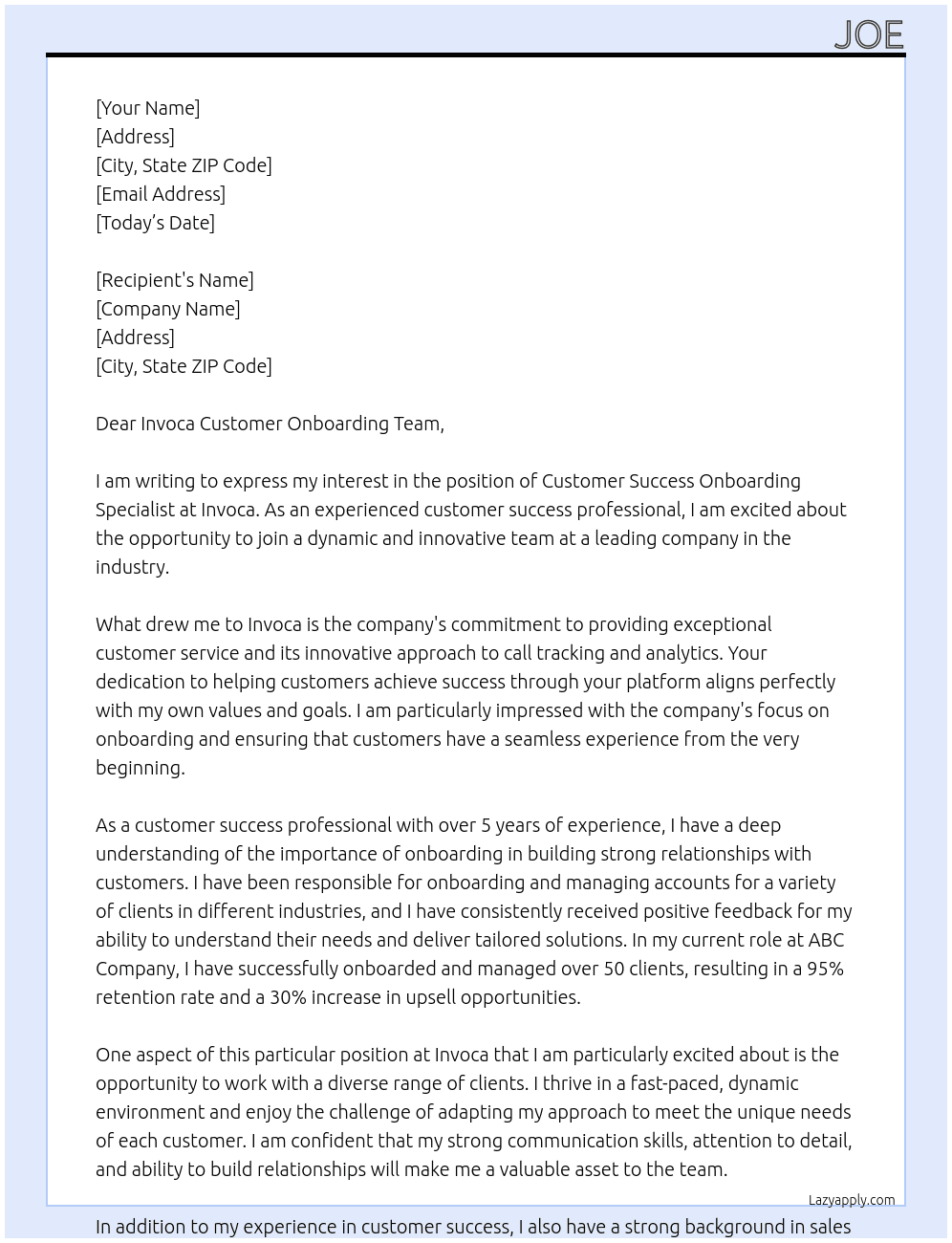 Customer Success Onboarding Specialist At Invoca Cover Letter