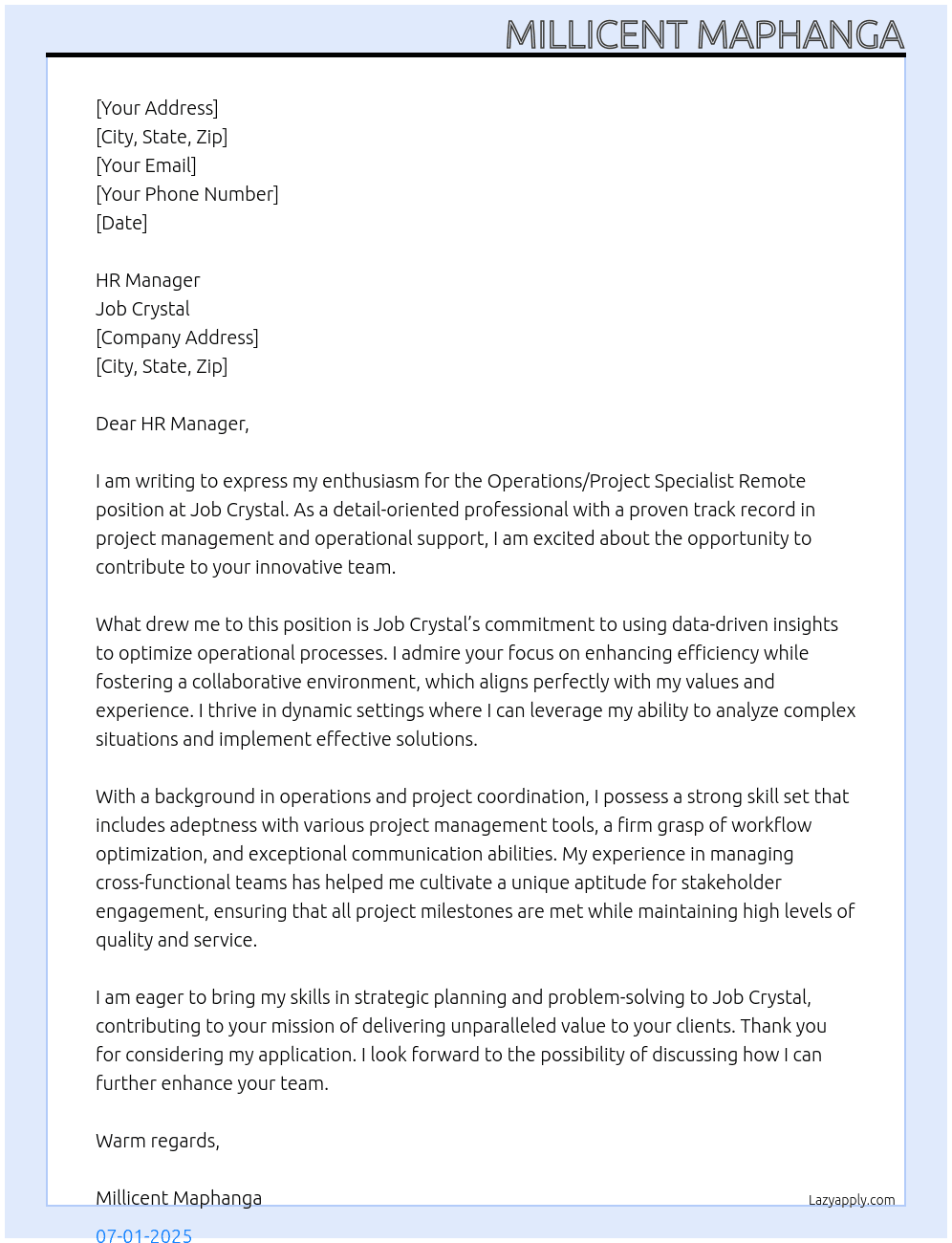 Cover letter for operations / project specialist remote - LazyApply