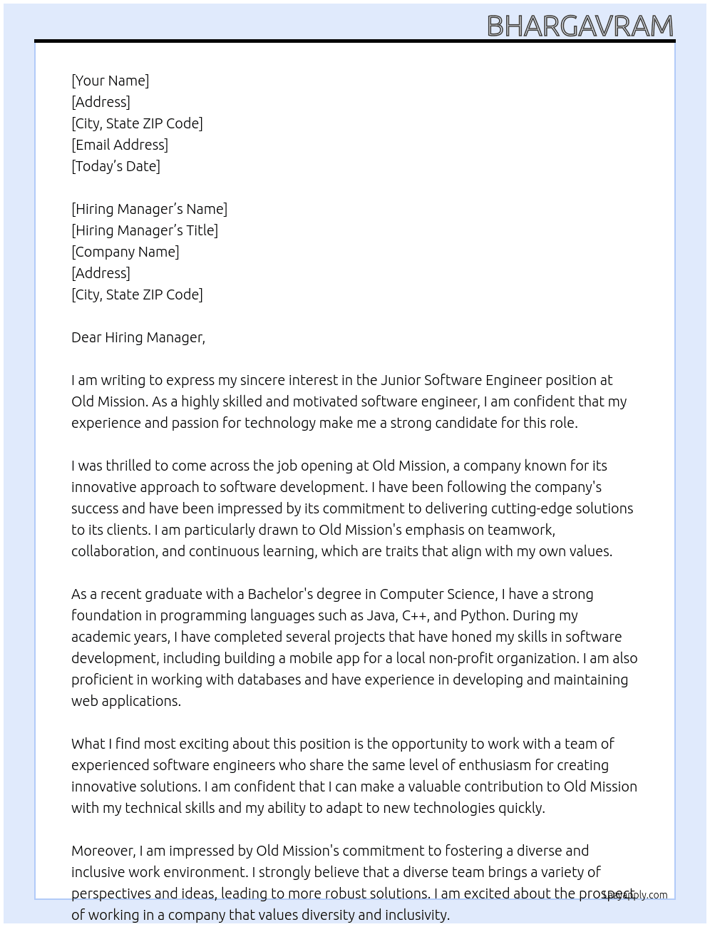 Junior Software Engineer At Old Mission Cover Letter