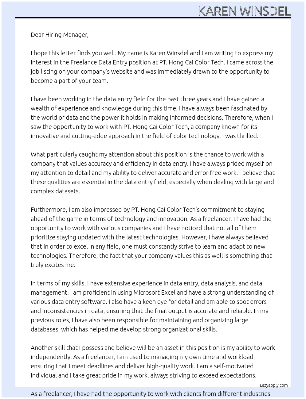 Freelance data entry At PT. Hong Cai Color Tech Cover Letter
