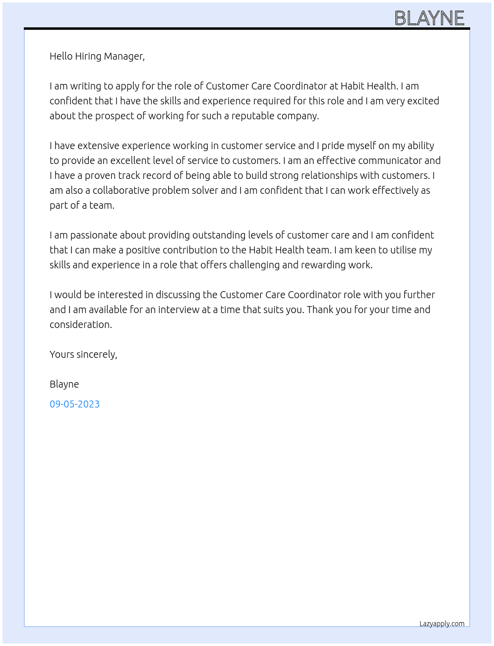 Customer Cate Coordinator  At Habit Health Cover Letter