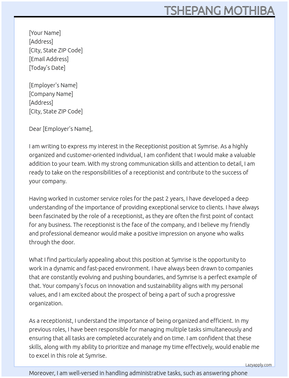 receptionist At symrise Cover Letter