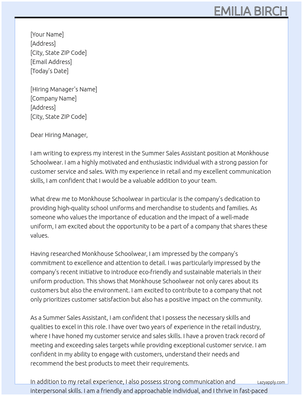 Summer Sales Assistant At Monkhouse Schoolwear Cover Letter