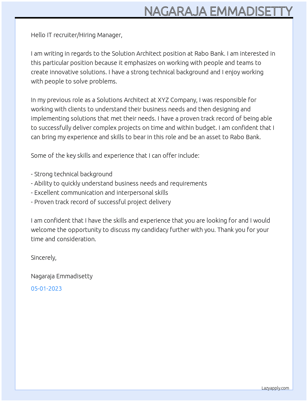 Solution Architect At Rabo Bank Cover Letter