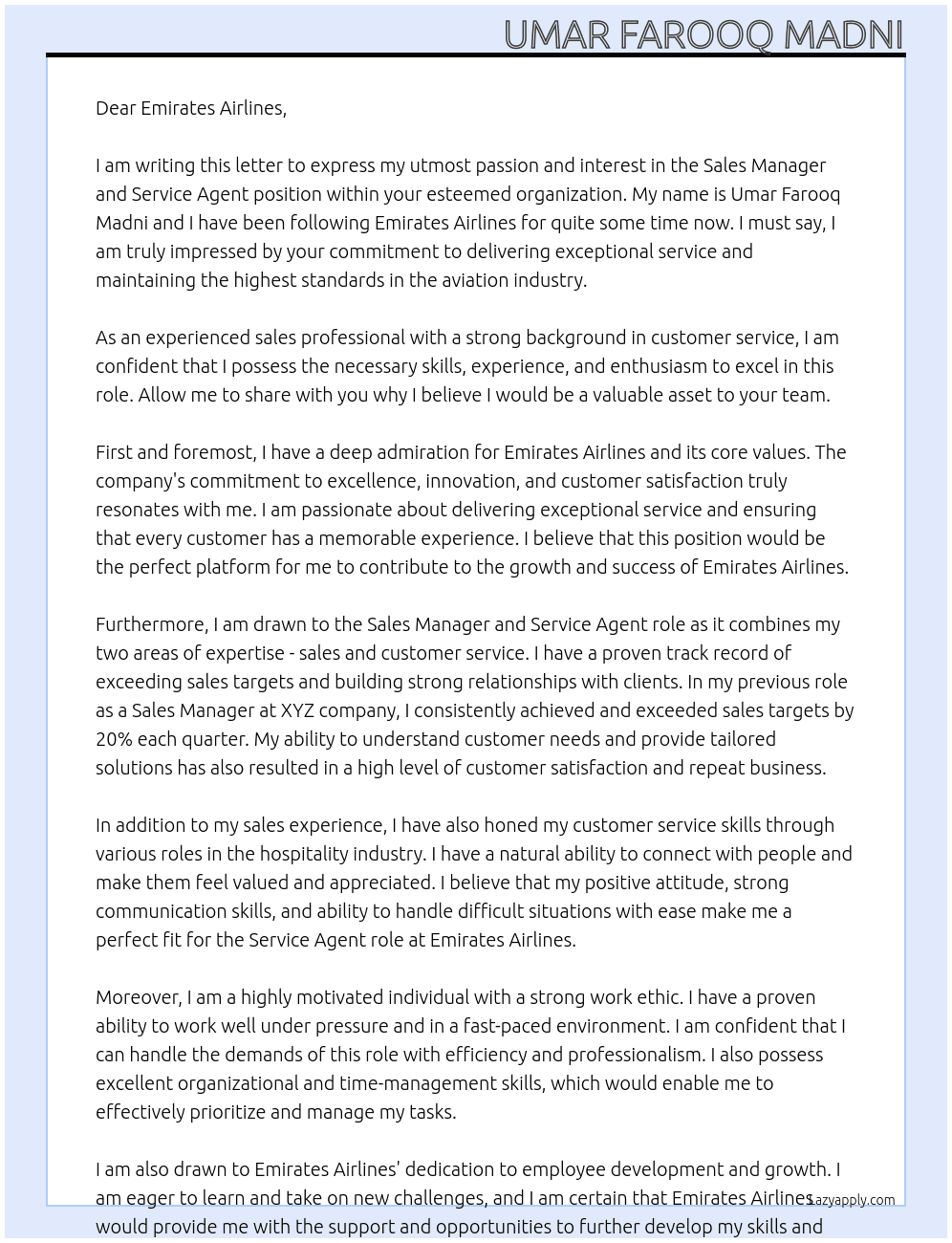 Cover letter for sales maneger and service agent - LazyApply