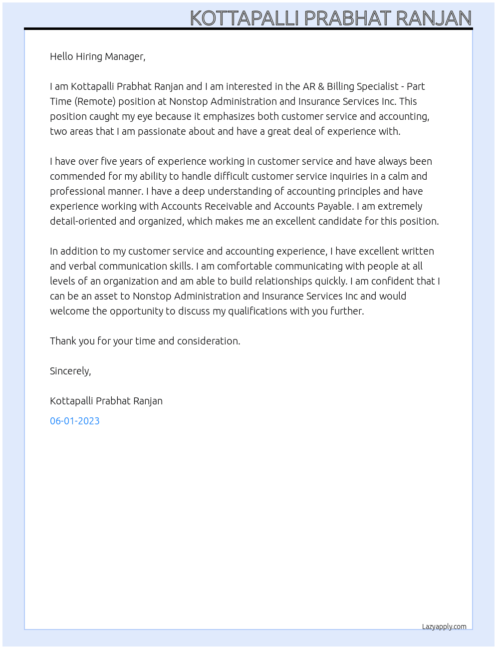 AR & Billing Specialist - Part Time (Remote) At Nonstop Administration and Insurance Services Inc Cover Letter
