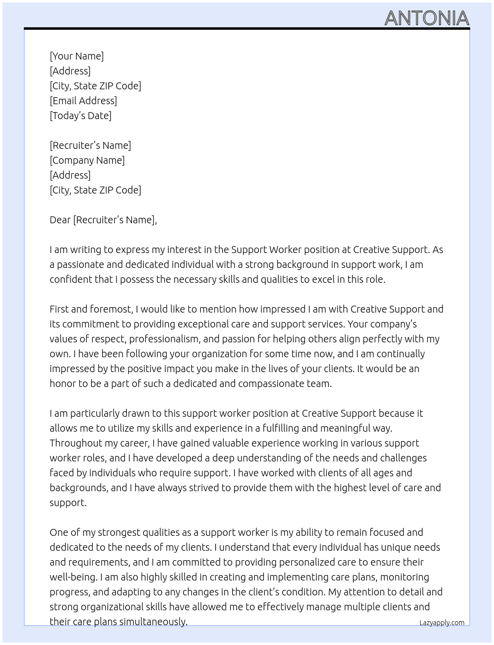 Support worker At Creative support Cover Letter