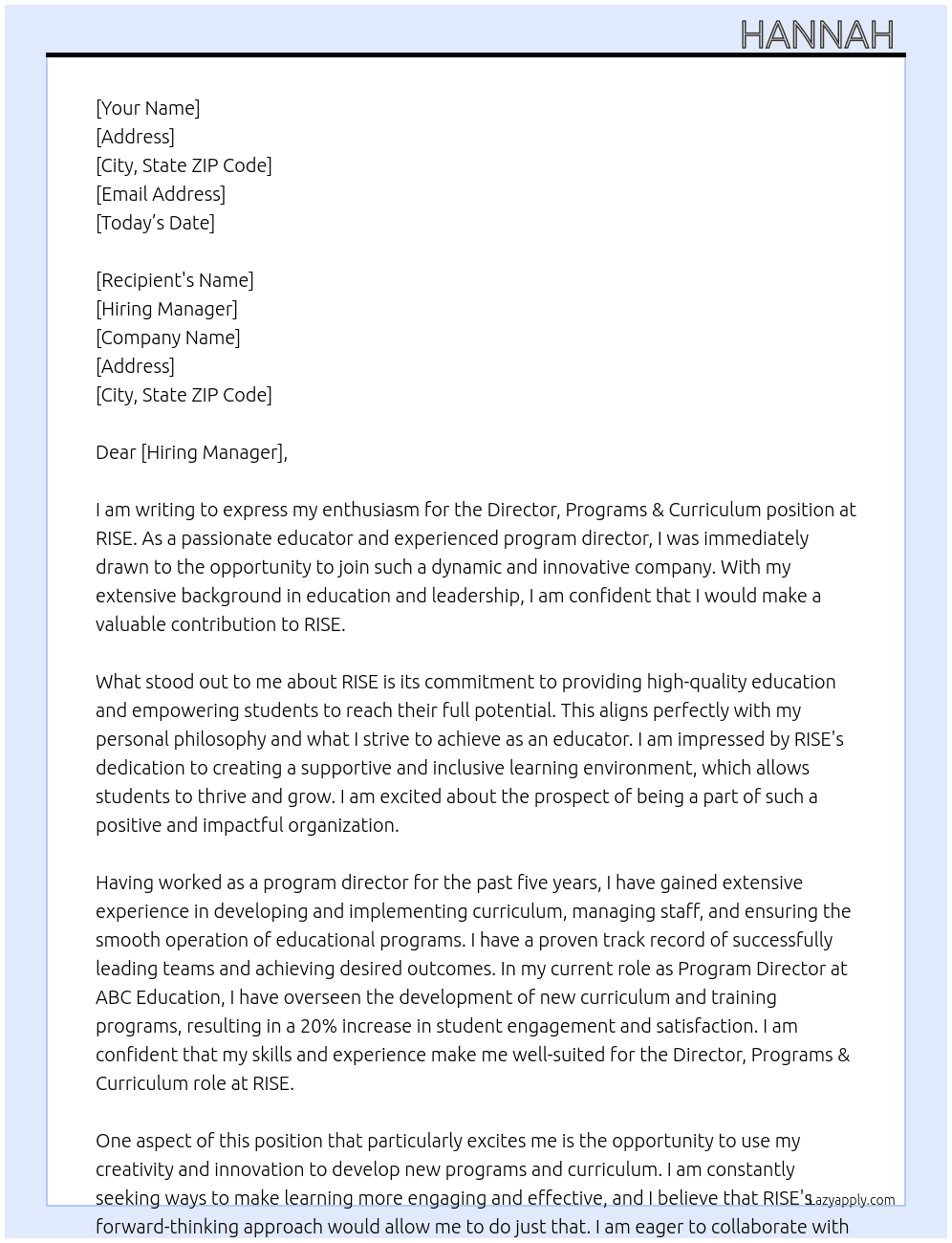 Director, Programs & Curriculum At RISE Cover Letter