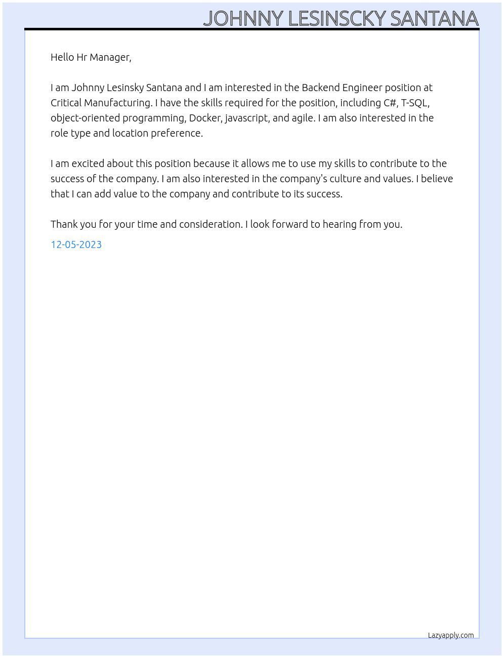 Backend Engineer At Critical Manufacturing Cover Letter