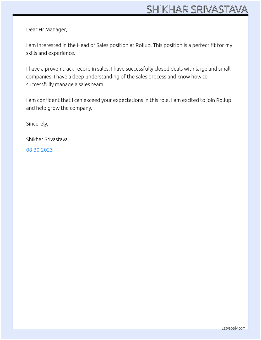 Head of Sales At Rollup Cover Letter