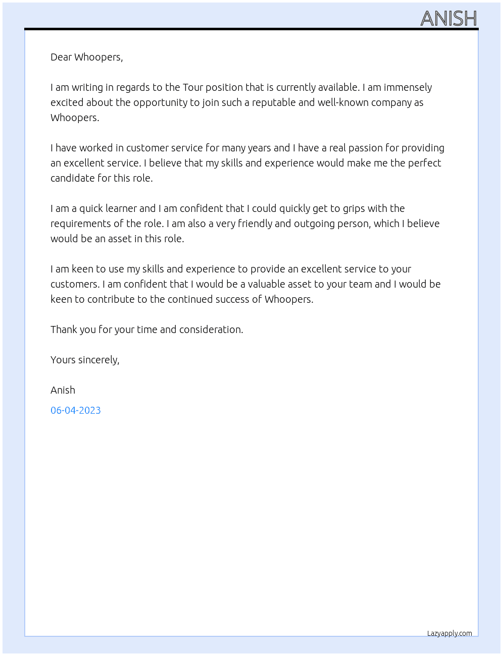 Tour At Whoopers Cover Letter