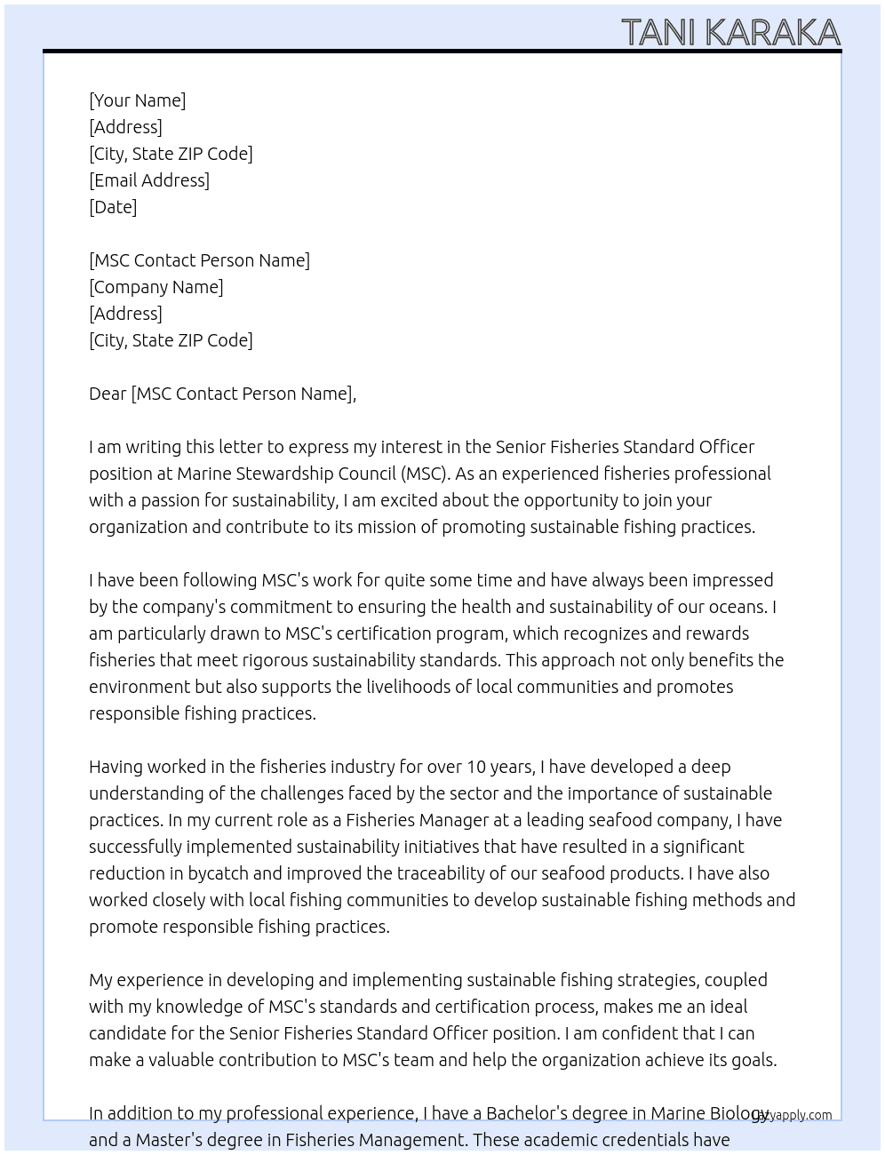 Senior Fisheries standard officer At Marine Stewardship Council Cover Letter