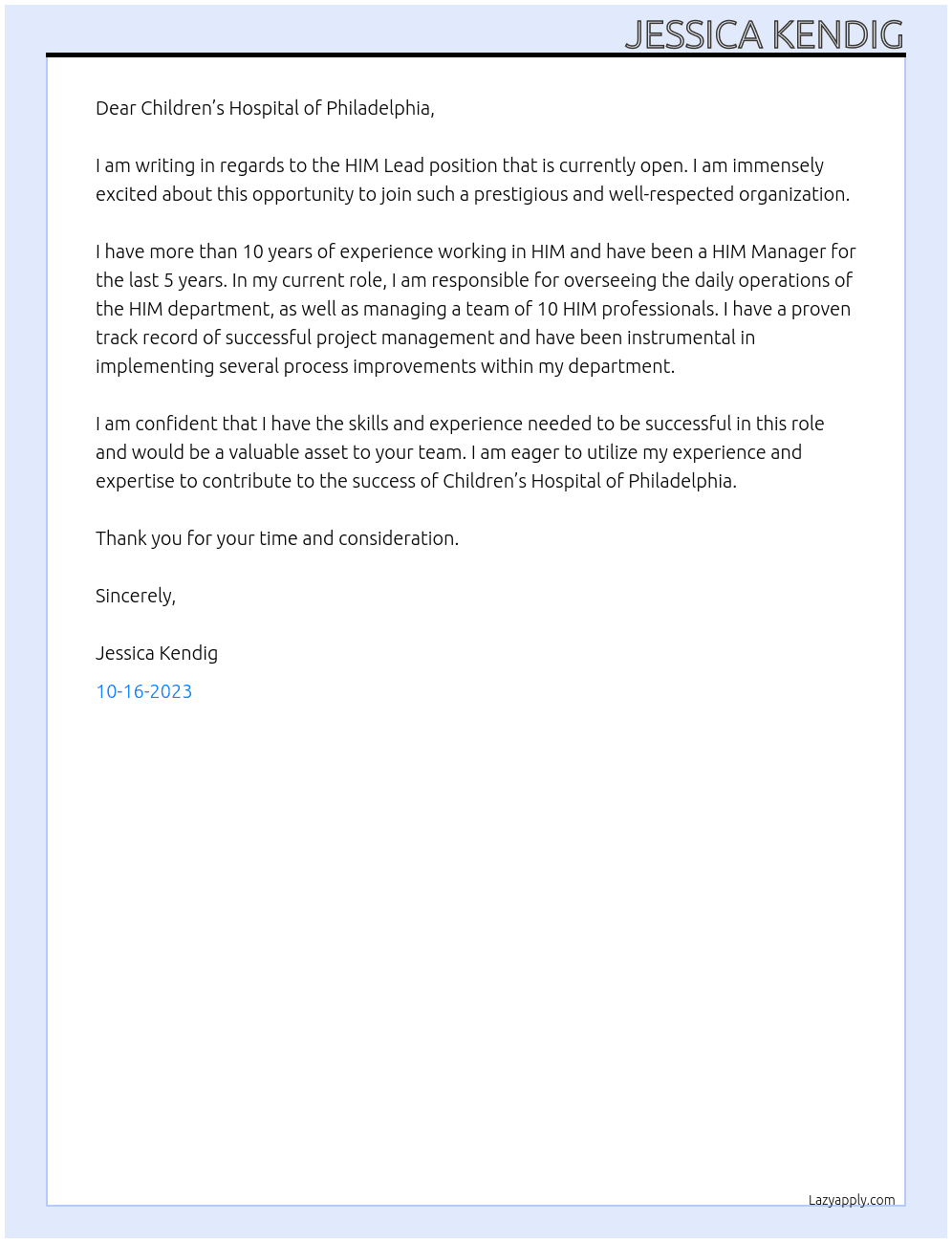 HIM Lead At Children’s Hospital of Philadelphia Cover Letter