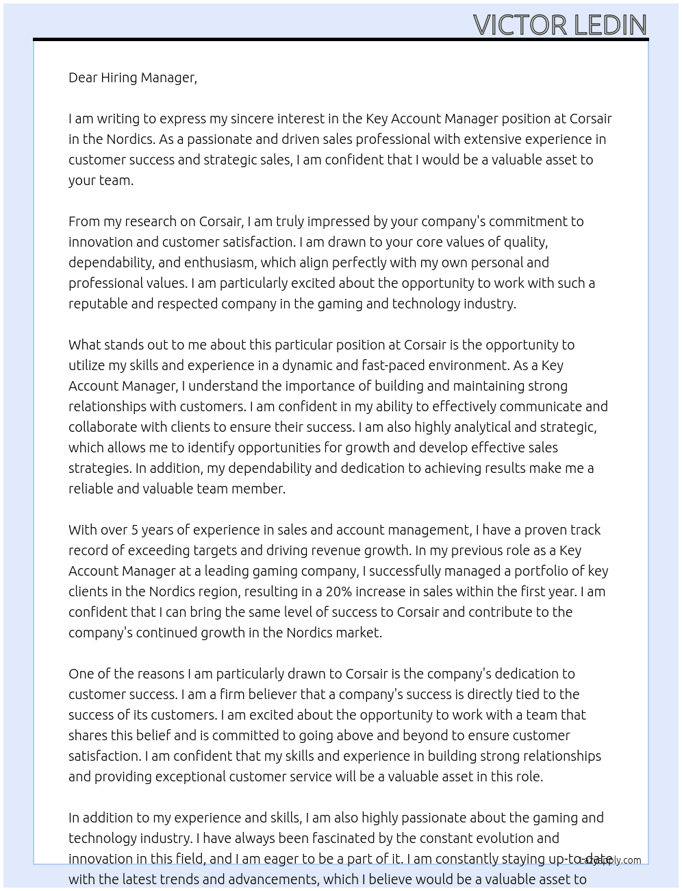 Key account Manager, Nordics At Corsair Cover Letter
