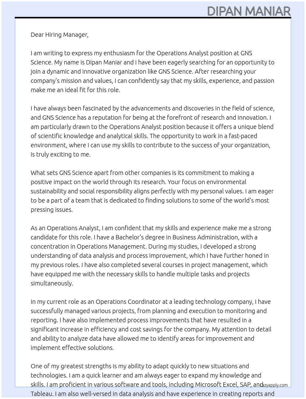 Operations Analyst At GNS Science Cover Letter