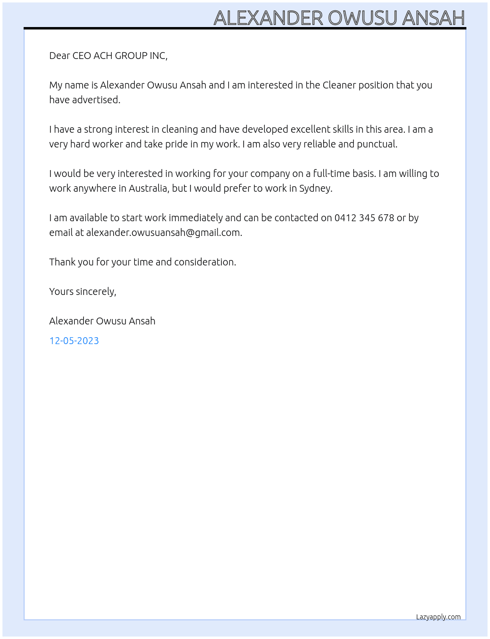 Cleaner At ACH GROUP Cover Letter