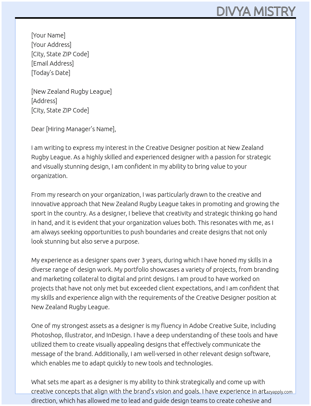 Creative Designer At New Zealand Rugby League Cover Letter