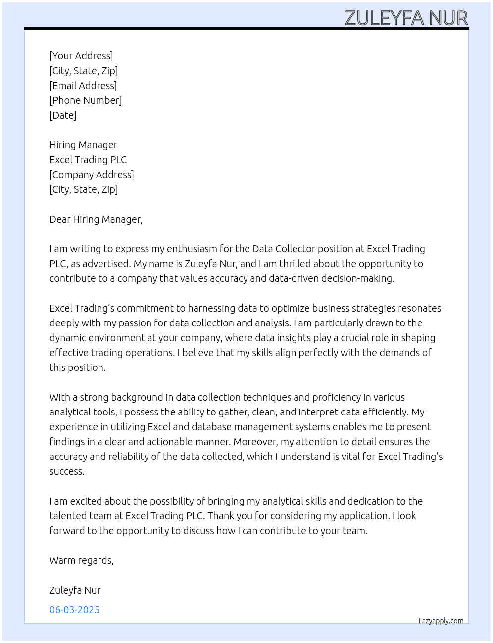 Data Collector At Excel Trading PLC  Cover Letter