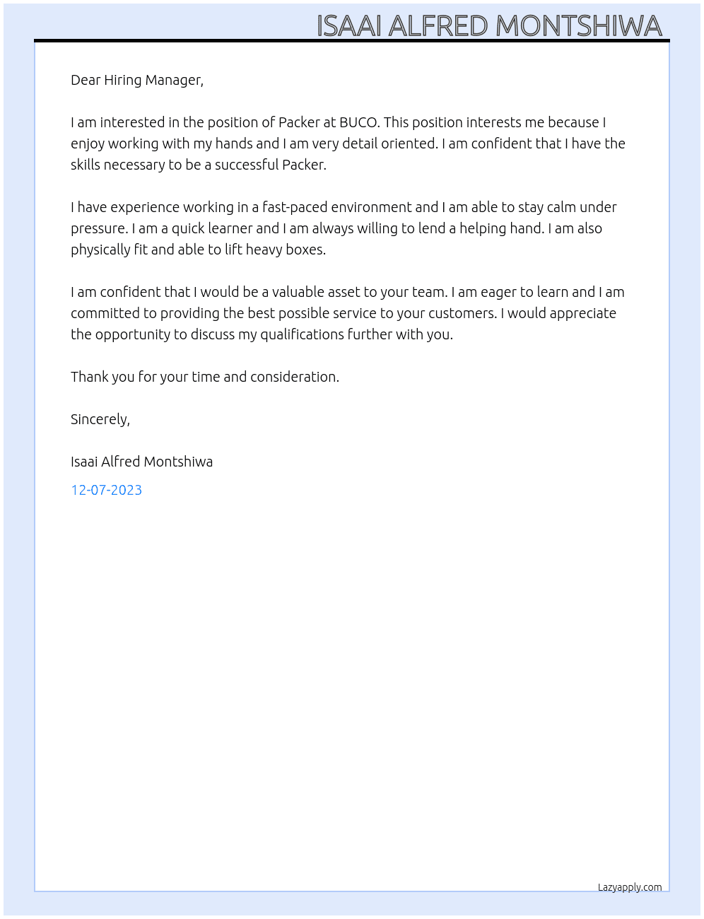 Packer At BUCO Cover Letter