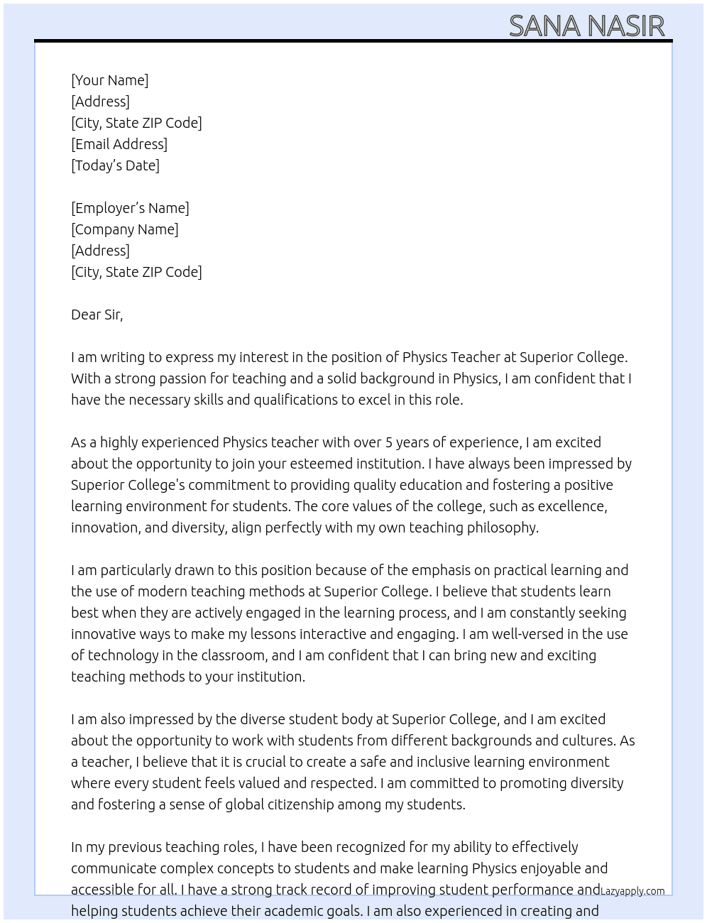 Physics Teacher  At Superior College  Cover Letter
