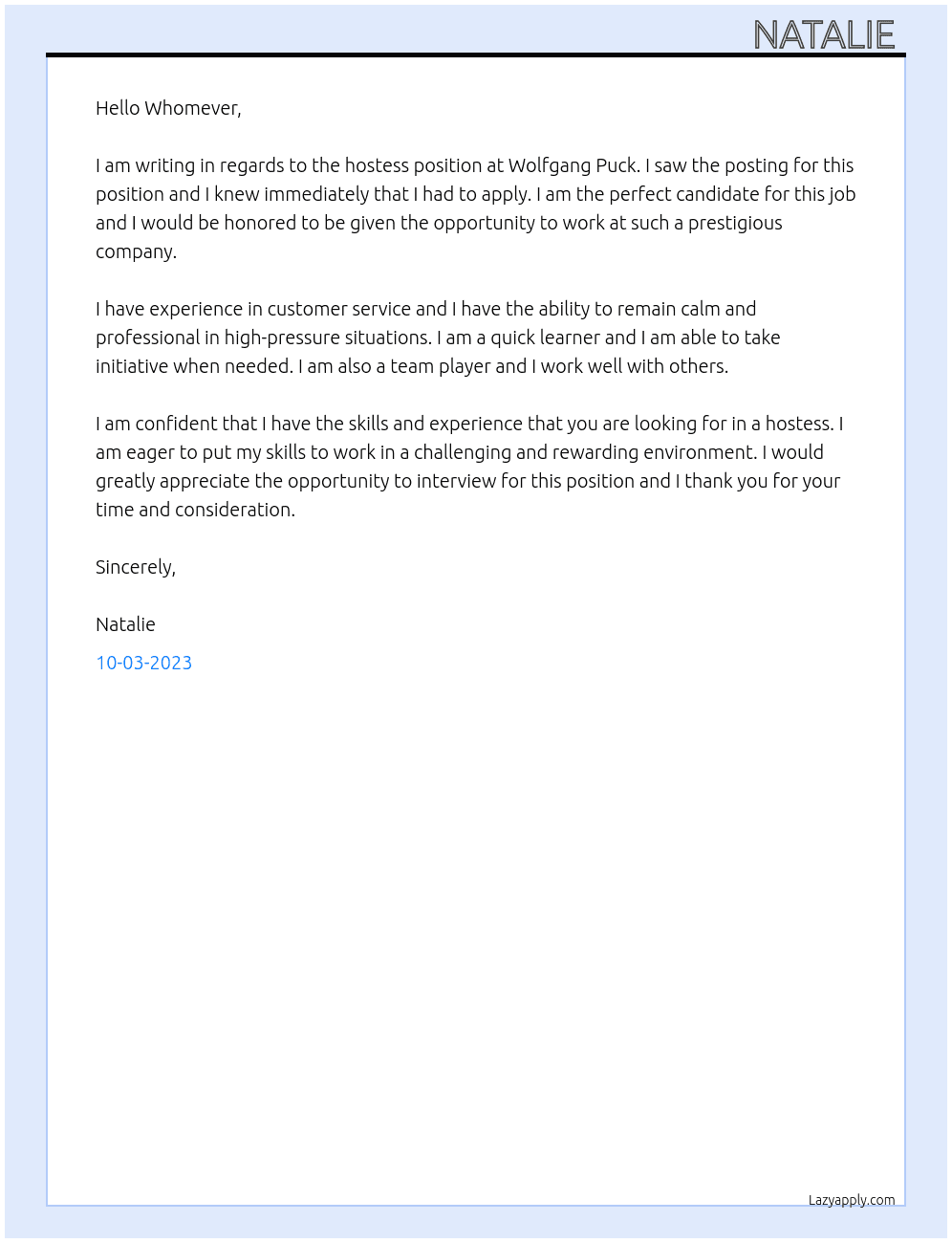 Hostess At Wolfgang Puck Cover Letter